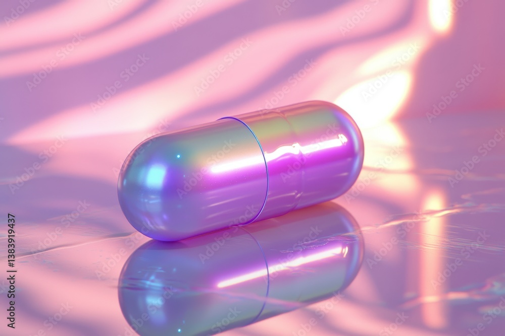 Poster a single, vibrant iridescent capsule pill resting on a reflective, soft pink surface, creating a fut