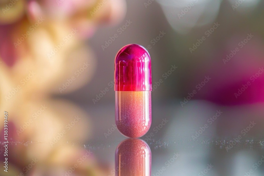 Poster an elegant macro image features a shiny pink capsule pill reflecting on a smooth surface, complement