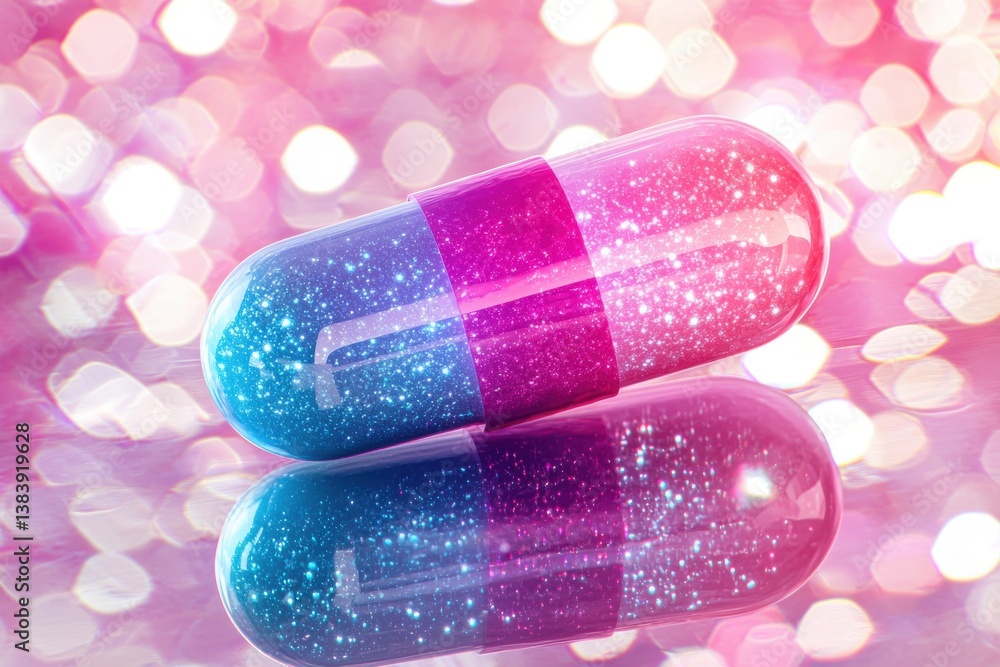 Poster a vibrant macro shot of two transparent capsules filled with sparkling glitter, creating a magical a