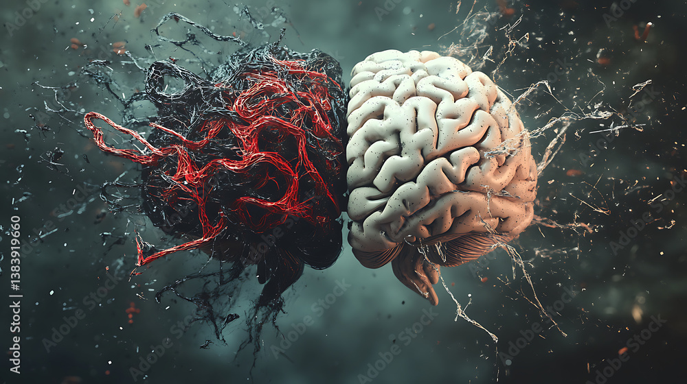 Poster mental health concept, tangled chaotic brain vs logical brain, personality and emotion, 3d rendering