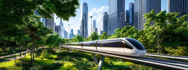 Naklejka premium Modern Monorail System in Futuristic Urban Landscape with Greenery