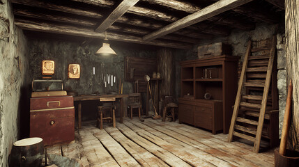 Interior of an empty abandoned room in an old house with furniture and tools