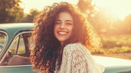 A beautiful young woman is appreciating the beauty of nature while standing outside in the sunlight