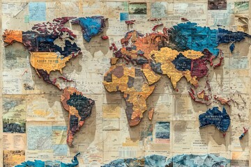 An antique style world map with textured continents and labels, evoking history, exploration, global travel, and vintage cartography with aged paper background.
