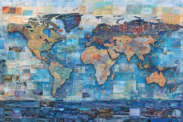 Naklejka premium An artistic composition featuring a world map laid out from different maps and travel brochures, with each piece in crisp detail and the overall arrangement