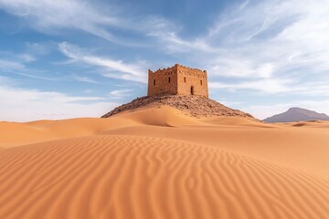 Ancient fort in Arabian Desert landscape. Travel and tourism concept. Sand dunes, blue sky, historical site in Middle East. For travel blog, banner, website background. Copy space