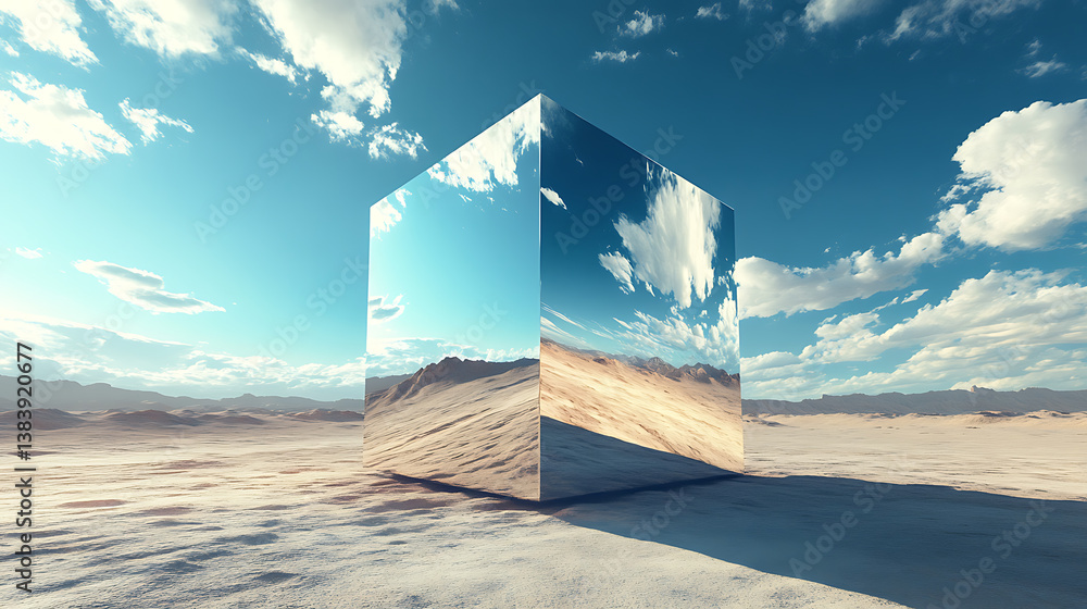Poster Minimal 3d mirror cube on the middle of desert