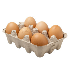 Egg carton with six brown eggs isolated on Transparent background for culinary use and product display, egg carton isolated on PNG background