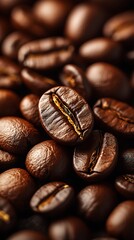 Close-Up of Glossy Roasted Coffee Beans with Rich Brown Color and Texture

