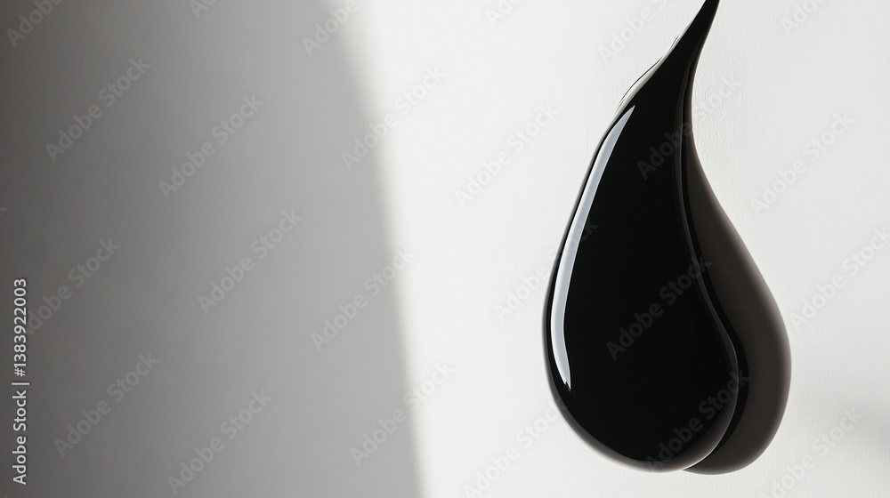 Poster a glossy black drop against a white background with subtle shadows and smooth gradient lighting