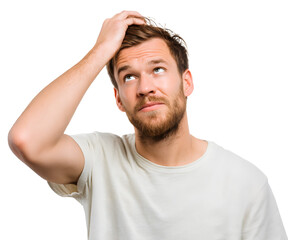 Pensive man, scratching his head, looking up in contemplation. He wears a white shirt and has a beard and light brown hair. Isolated shot.
