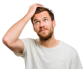 Pensive man, scratching his head, looking up in contemplation. He wears a white shirt and has a beard and light brown hair. Isolated shot.