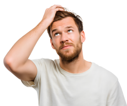 Pensive man, scratching his head, looking up in contemplation. He wears a white shirt and has a beard and light brown hair. Isolated shot.