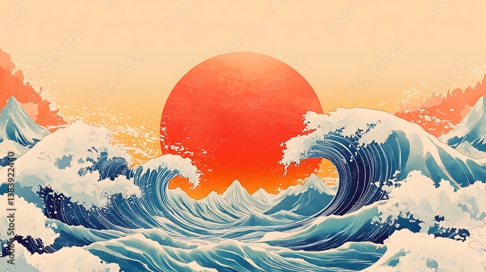 Aufkleber japanese poster template with sea, waves and mountain pattern with a line pattern, japanese backgrou