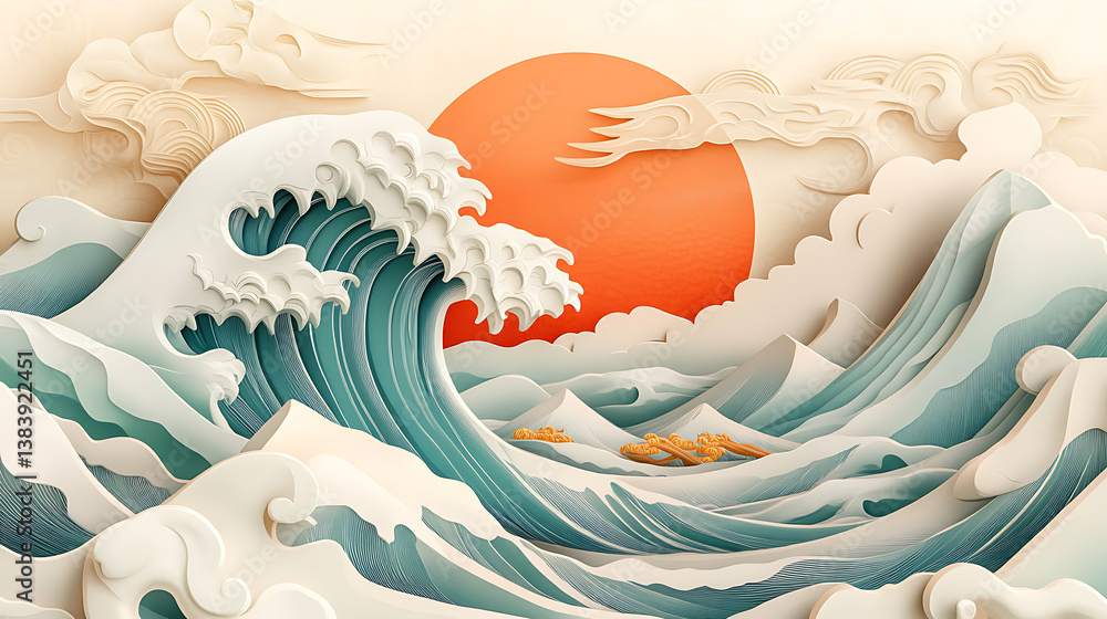 Poster japanese poster template with sea, waves and mountain pattern with a line pattern, japanese backgrou