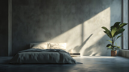 Loft interior design of modern minimalist bedroom with concrete walls