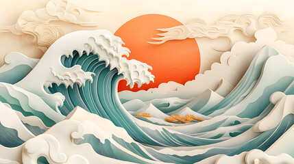 Japanese poster template with sea, waves and mountain pattern with a line pattern, japanese background with handdrawn wave 3d artwork