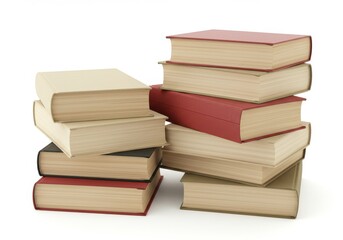 A stack of several hardcover books with red and beige covers piled on a white surface together neatly