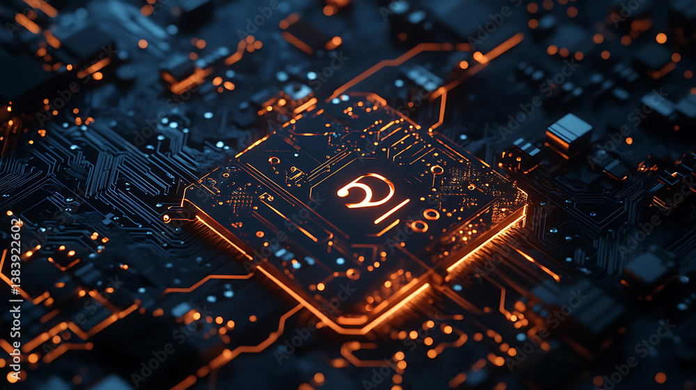 Poster key icon on digital circuit board background, digital security and data protection concept