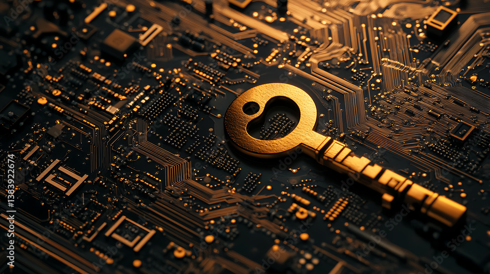 Aufkleber Key icon on digital circuit board background, digital security and data protection concept
