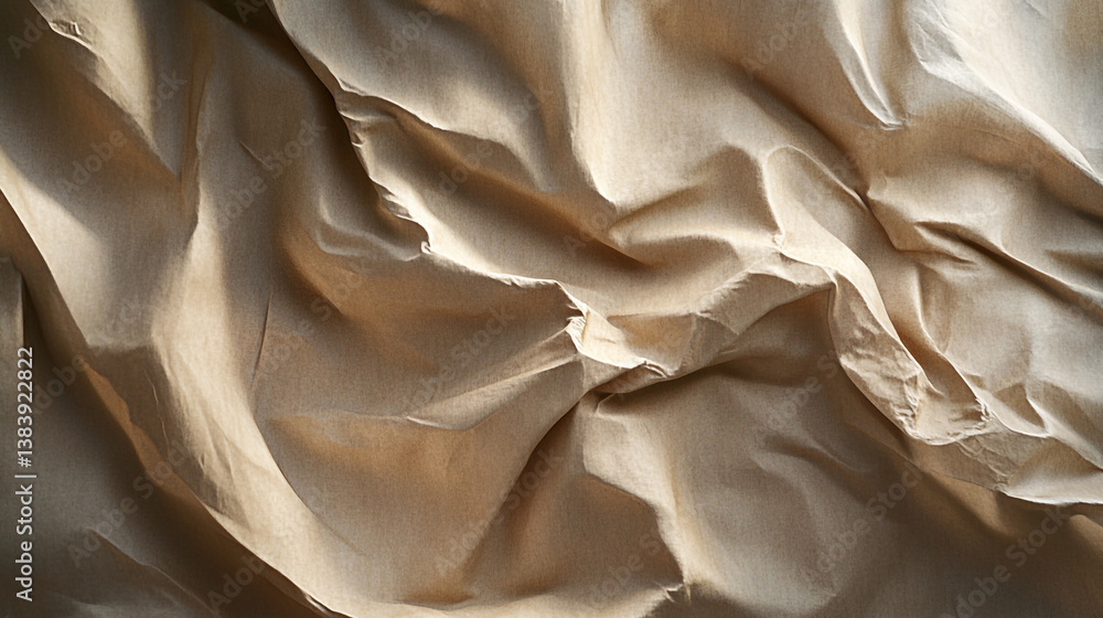 Poster a close up of a crumpled beige colored fabric with shadows and highlights creating depth and texture