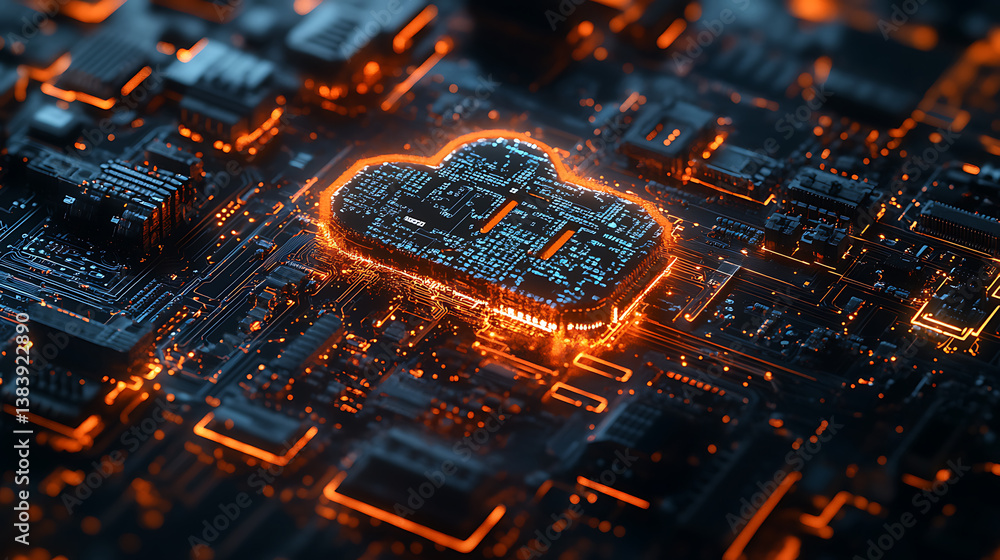 Poster key in the cloud with circuit board background, digital security and data protection concept