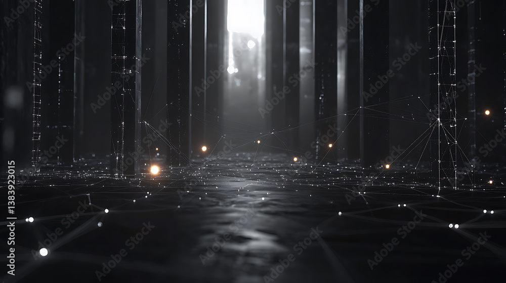 Poster minimalist wireframe structure with connections and glowing dots