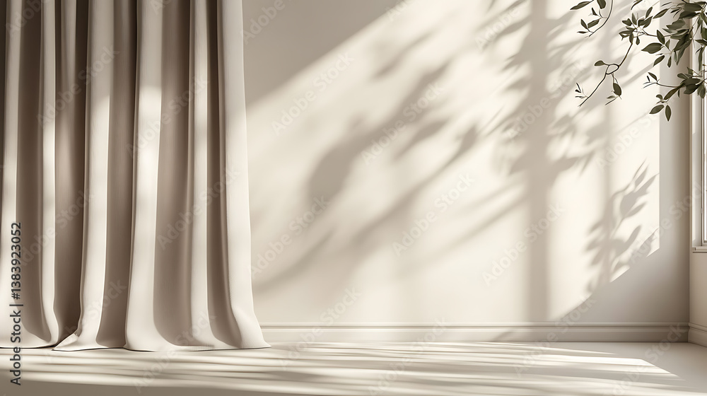 Poster Minimalistic abstract gentle light beige background with light and shadow of window curtains on wall