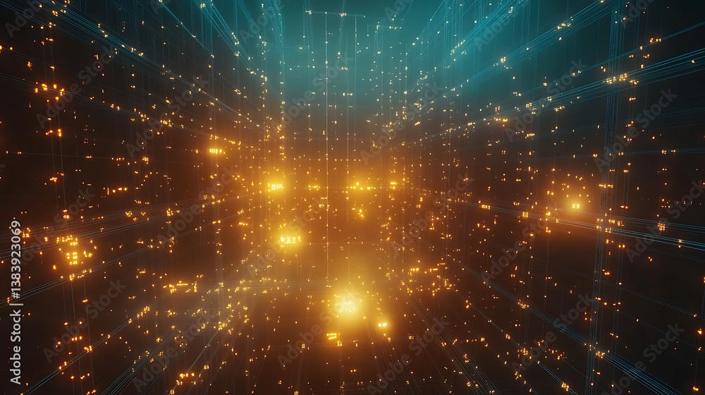 Wall mural minimalist wireframe structure with connections and glowing dots