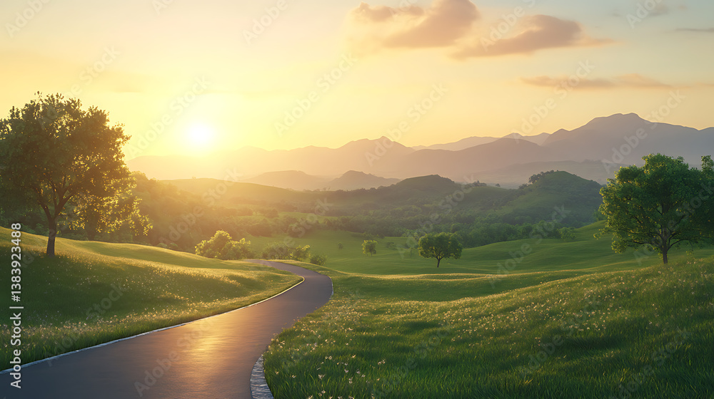 Aufkleber landscape at sunset with a road going through a green field with deciduous trees and mountains on th