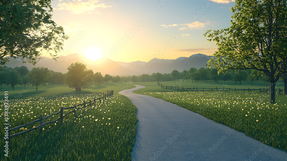 Aufkleber landscape at sunset with a road going through a green field with deciduous trees and mountains on th