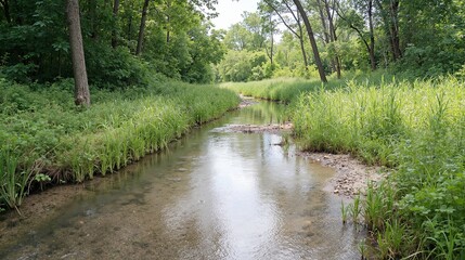 Obraz premium Serene stream flowing through lush green forest. Summer landscape. Natural environment and healthy lifestyle. Scenic nature background for travel blog, banner, website.