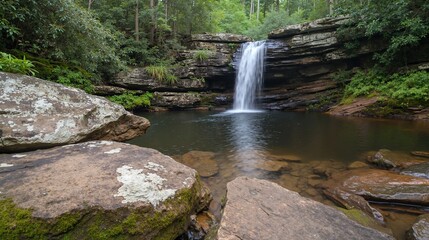 Fototapeta premium Waterfall with clear water falling into a dark pool surrounded by rocks and green forest. Serene nature scene and travel destination for tourism, banner, poster, website background.