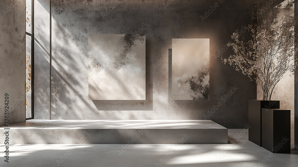 Poster Modern concrete gallery interior with blank mock up frame on wall and shadows, 3d rendering