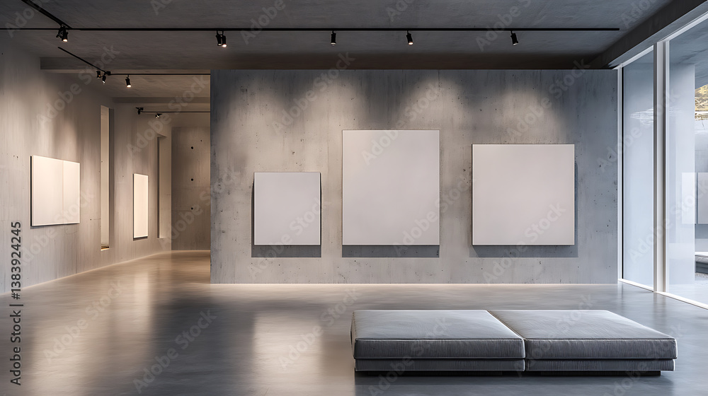 Aufkleber modern concrete gallery interior with blank mock up frame on wall and shadows, 3d rendering