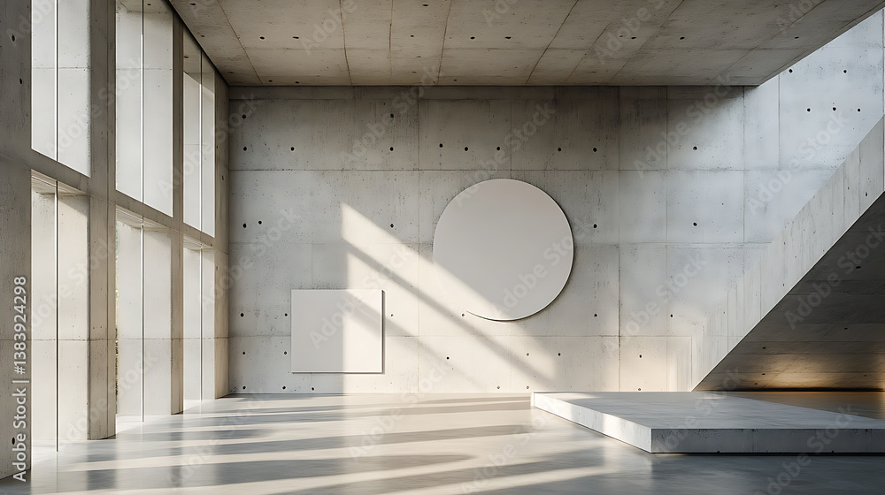 Poster modern concrete gallery interior with blank mock up frame on wall and shadows, 3d rendering