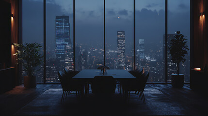 Modern conference room with city view and black chairs, dark ambiance