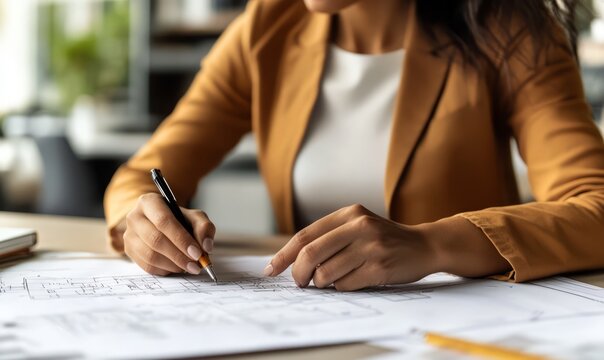 Architect reviewing blueprints, meticulously planning a new design