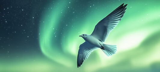 Obraz premium A bird flying across the sky with an aurora in the background
