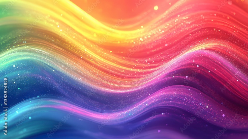 Poster abstract colorful wavy background with glitter and glowing particles.