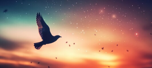 A bird flying across the sky with an aurora in the background