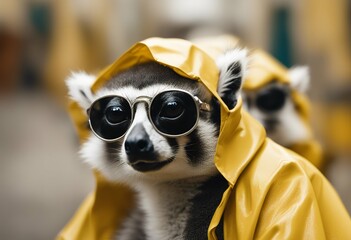 background yellow sunglasses lemurs raincoat group funny style clothing fur fashion modern accessory goggles stylish collection trendy fashionable animal funky glamour clothes