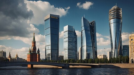 Obraz premium A stunning contrast of historical and modern architecture in Moscow, featuring the iconic Kremlin alongside contemporary skyscrapers.