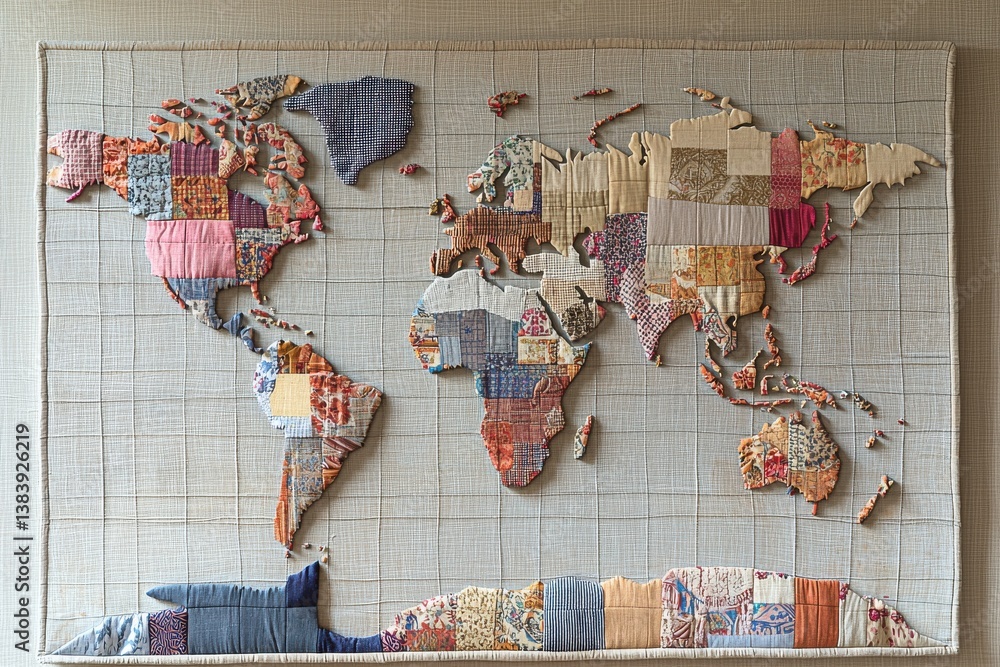Poster world map crafted from fabric scraps, showcasing a patchwork of textures, colors, and patterns, pres