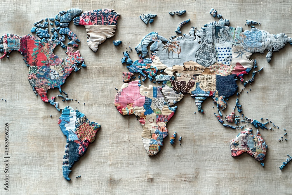 Poster a colorful fabric world map showcasing intricate patchwork patterns and textures, placed on a light 
