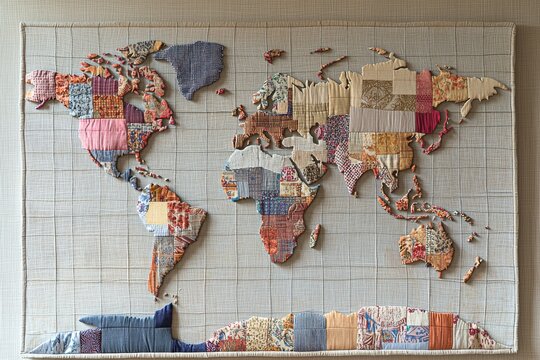 World map crafted from fabric scraps, showcasing a patchwork of textures, colors, and patterns, presenting a unique and artistic interpretation of global geography. - Powered by Adobe