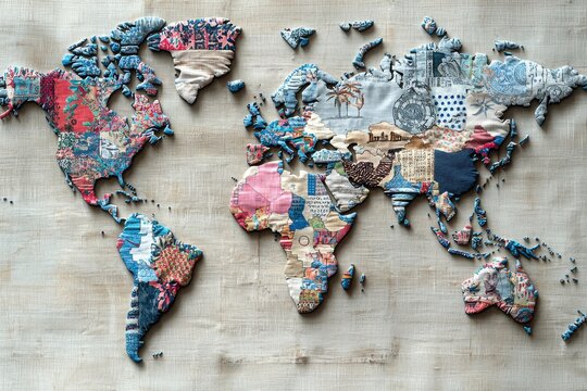 A colorful fabric world map showcasing intricate patchwork patterns and textures, placed on a light wooden surface symbolizing global unity, travel, and diverse cultures. - Powered by Adobe