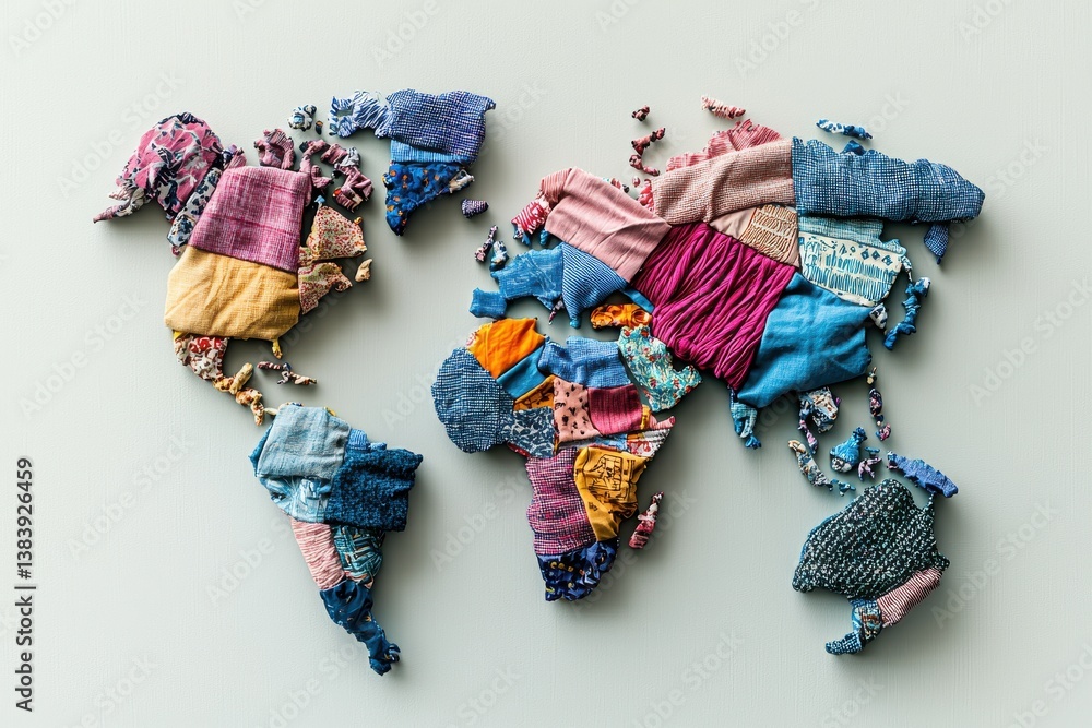 Poster a vibrant world map made from colorful fabric scraps, showcasing global diversity and unity through 