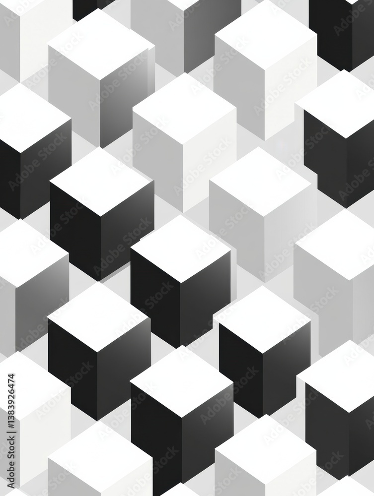 Poster Modern isometric cube pattern showcasing structured spacing and minimalistic design with soft shadows in monochrome tones