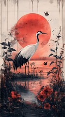 Graceful Crane by Pond Under a Red Sun

